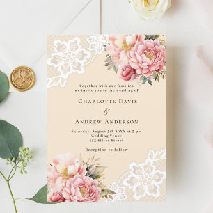 Beige pink rose gold florals lace wedding invitation