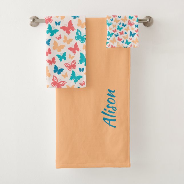 Beige pink turquoise Multi Butterflies pattern Bath Towel Set (Insitu)