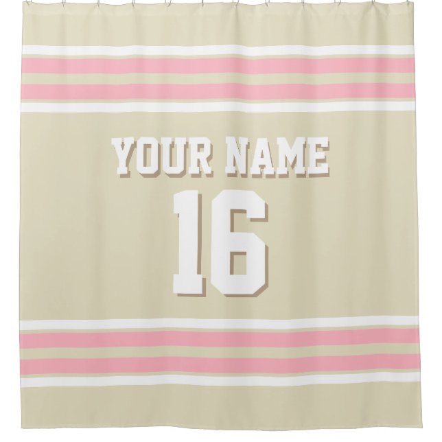 Beige Pink White Stripes Sports Jersey Shower Curtain (Front)