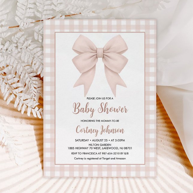 Beige Plaid And Beige Bow Baby Shower Invitation (Creator Uploaded)