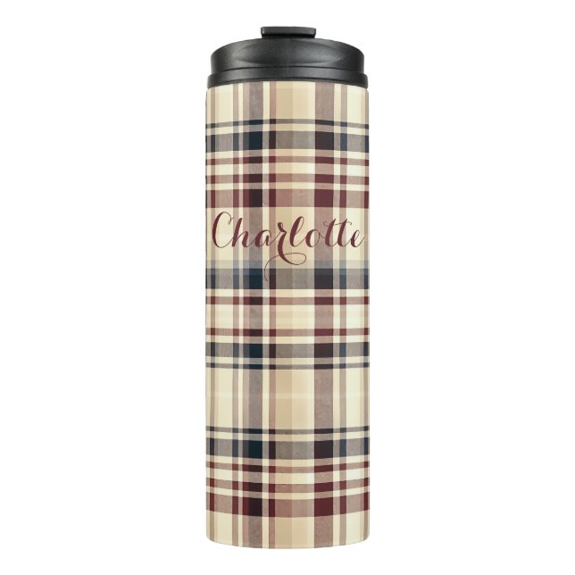 Beige Plaid Classic Chequered Pattern Thermal Tumbler (Front)
