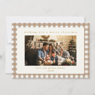 Beige Plaid Custom Photo Christmas Holiday Card