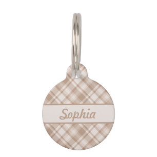 Beige Plaid Pattern & Custom Pet Name And Number Tag