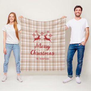 Beige Plaid Red Deer Merry Christmas Custom Name Fleece Blanket