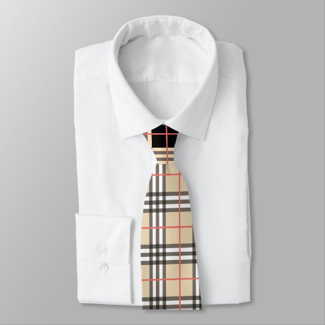 Beige Plaid Tartan Chequered Pattern Plaid Pattern Tie (Tied)
