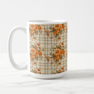 BEIGE PLAID WITH ORANGE & YELLOW FALL FLOWERS COFFEE MUG