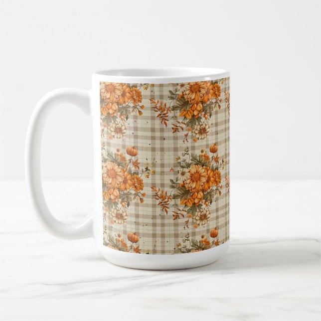 BEIGE PLAID WITH ORANGE & YELLOW FALL FLOWERS COFFEE MUG (Left)