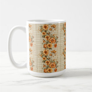 BEIGE PLAID WITH ORANGE & YELLOW FALL FLOWERS COFFEE MUG