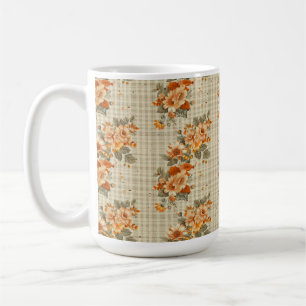 BEIGE PLAID WITH ORANGE & YELLOW FALL FLOWERS COFFEE MUG