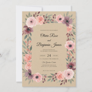 Beige Plum Anemone Wedding Invitation