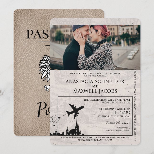 Beige Poland Passport Wedding Invitation (Front/Back)