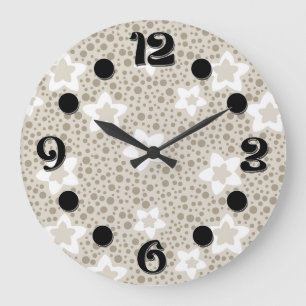 Beige polka dot retro with stars and flowers large clock