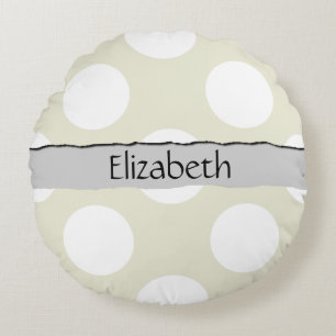 Beige Polka Dots, Polka Dot Pattern, Your Name Round Cushion