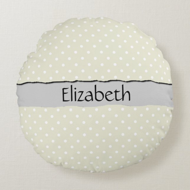 Beige Polka Dots, Polka Dot Pattern, Your Name Round Cushion (Front)