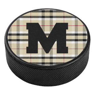 Beige Preppy Plaid Fashion Monogram Personalised Hockey Puck