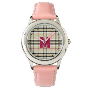 Beige Preppy Plaid Fashion Monogram Personalised Watch