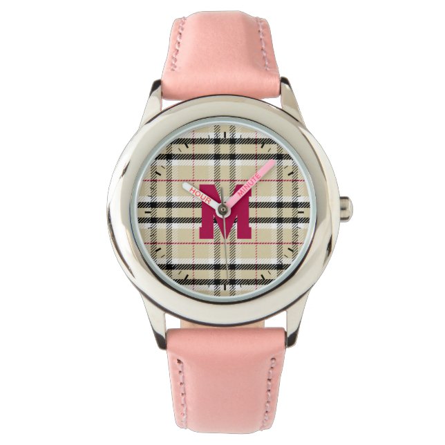 Beige Preppy Plaid Fashion Monogram Personalised Watch (Front)