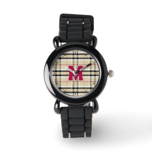Beige Preppy Plaid Fashion Monogram Personalised Watch