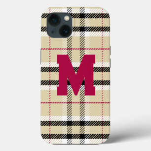 Beige Preppy Plaid Fashion Monogram Personalized iPhone 13 Case