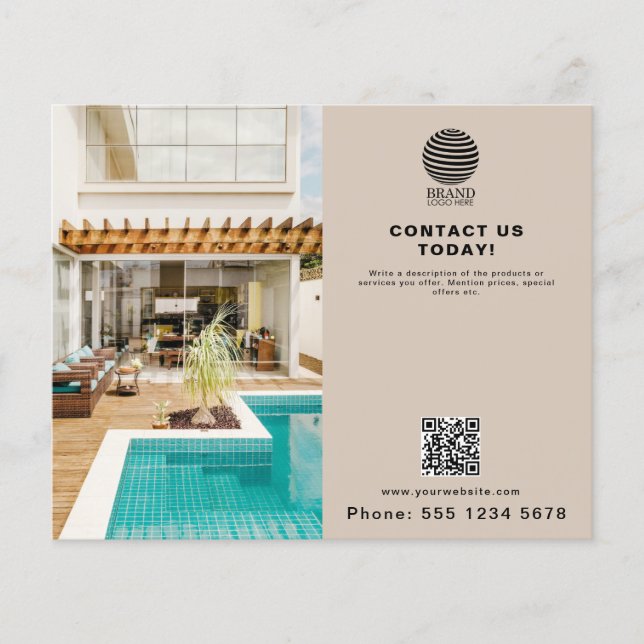 Beige Promotional Business Logo Photo QR Code Flyer (Front)