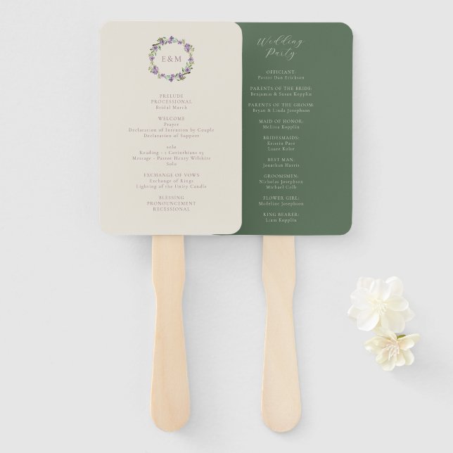 Beige, Purple & Green Classic Script Floral Wreath Hand Fan (Front and Back)