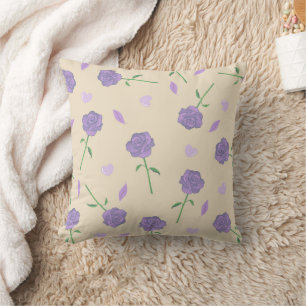 Beige Purple Rose Floral Boho Botanical Pattern Cushion