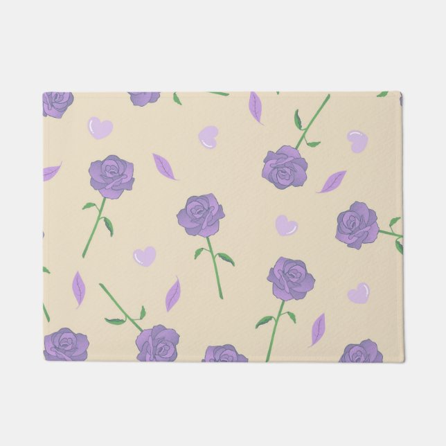 Beige Purple Rose Floral Boho Botanical Pattern Doormat (Front)