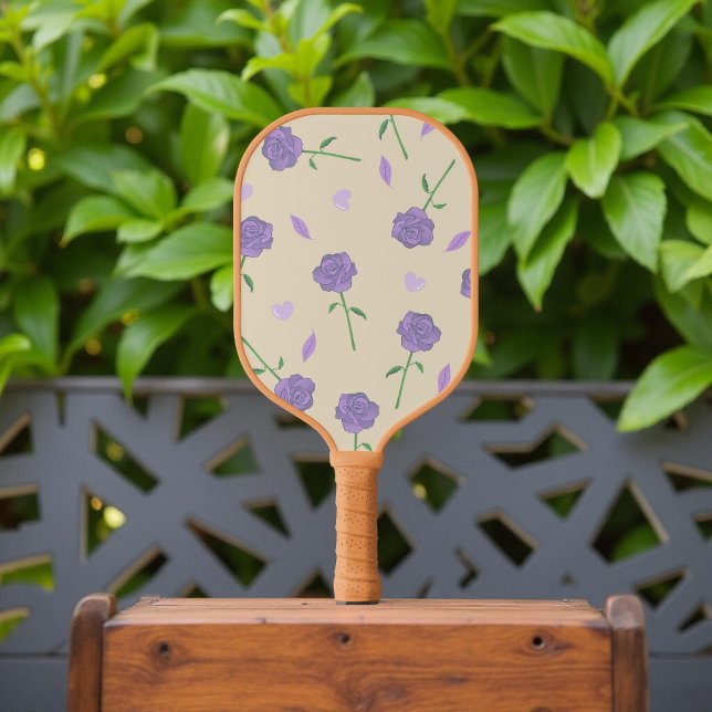 Beige Purple Rose Floral Boho Botanical Pattern Pickleball Paddle (Creator Uploaded)
