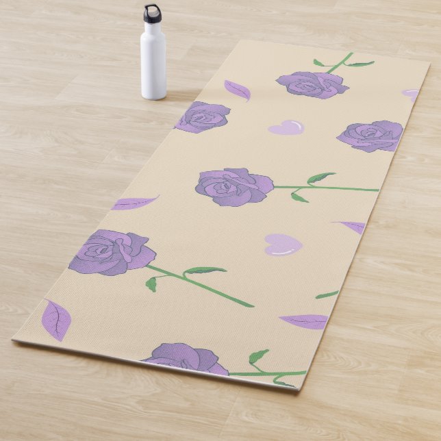 Beige Purple Rose Floral Boho Botanical Pattern Yoga Mat (In Situ)