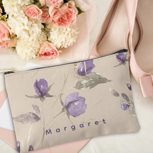 Beige Purple Wildflowers Elegance Boho Trendy Accessory Pouch