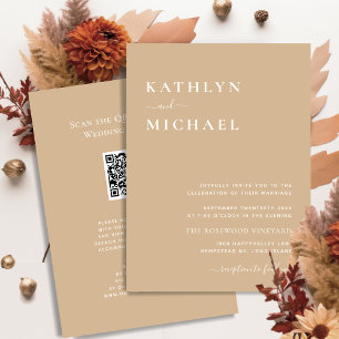 Beige QR Code All In One Modern Minimalist Wedding Invitation