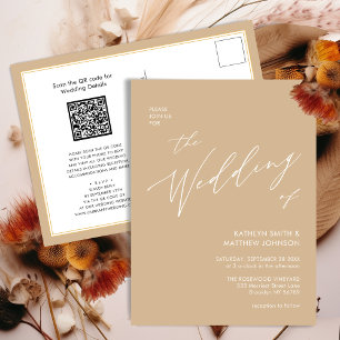 Beige QR Code All In One Modern Script Wedding Invitation Postcard