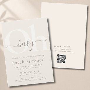 Beige QR Code Elegant Neutral Baby Shower Invitation