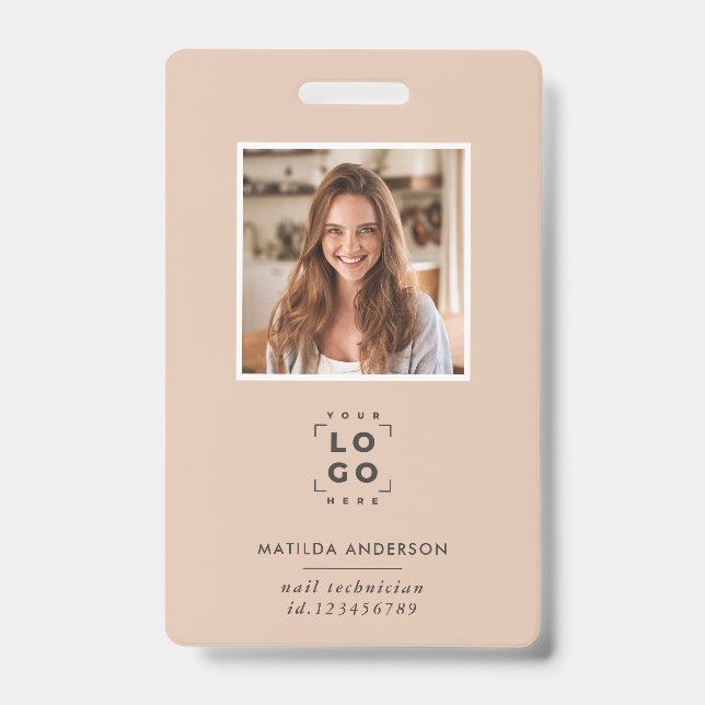 Beige QR code modern minimal photo abstract ID Badge (Front)