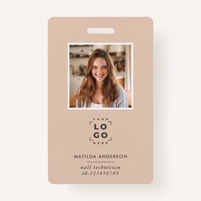 Beige QR code modern minimal photo abstract ID Badge (Front)
