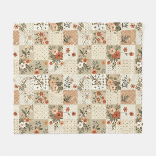 Beige Quilt Patchwork Gingham Cottagecore Floral Fleece Blanket