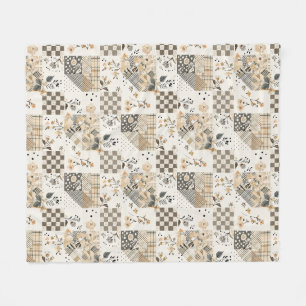 Beige Quilt Patchwork Gingham Cottagecore Floral Fleece Blanket