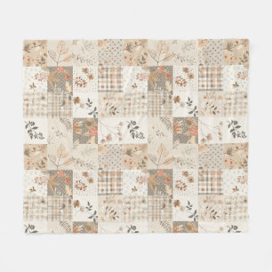 Beige Quilt Patchwork Gingham Cottagecore Floral Fleece Blanket