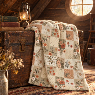 Beige Quilt Patchwork Gingham Cottagecore Floral Fleece Blanket