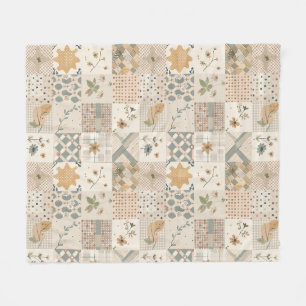 Beige Quilt Patchwork Gingham Cottagecore Floral Fleece Blanket