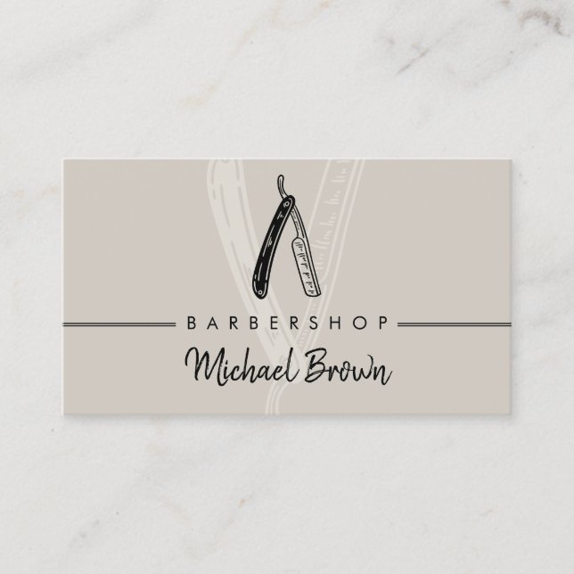 Beige razor mobile barbering on the go business card (Front)