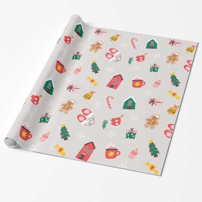 Beige Red and Green Cute Illustrated Christmas Wrapping Paper (Unrolled)