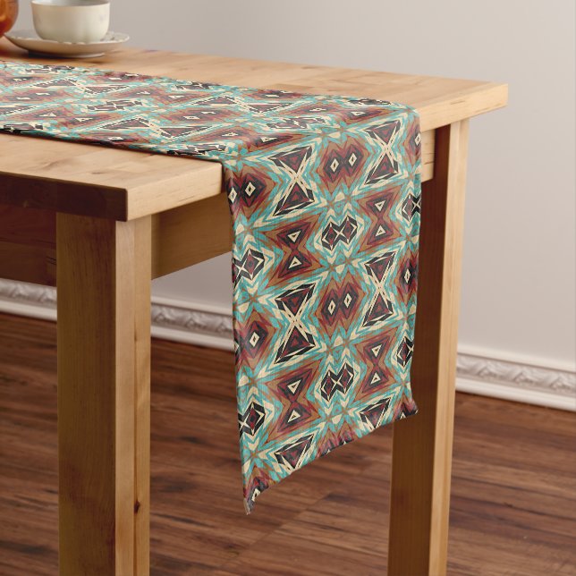 Beige Red Brown Aqua Blue Green Black Tribal Art Medium Table Runner (In Situ)