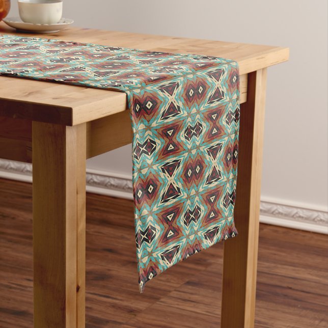 Beige Red Brown Aqua Blue Green Black Tribal Art Short Table Runner (In Situ)