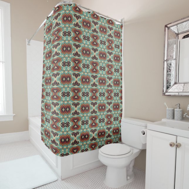 Beige Red Brown Aqua Blue Green Black Tribal Art Shower Curtain (In Situ)