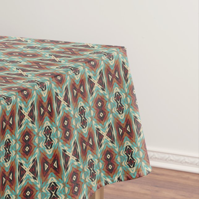 Beige Red Brown Aqua Blue Green Black Tribal Art Tablecloth (In Situ)
