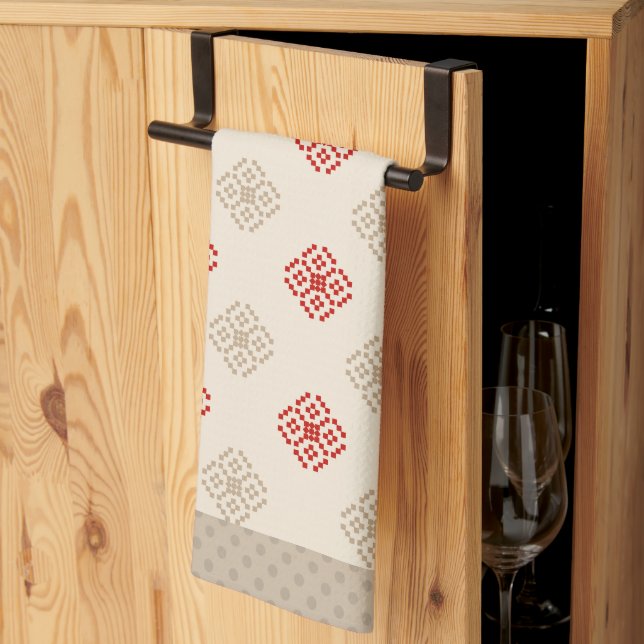 Beige/Red Geometric Diamond Kitchen Towel (Thirds Fold)