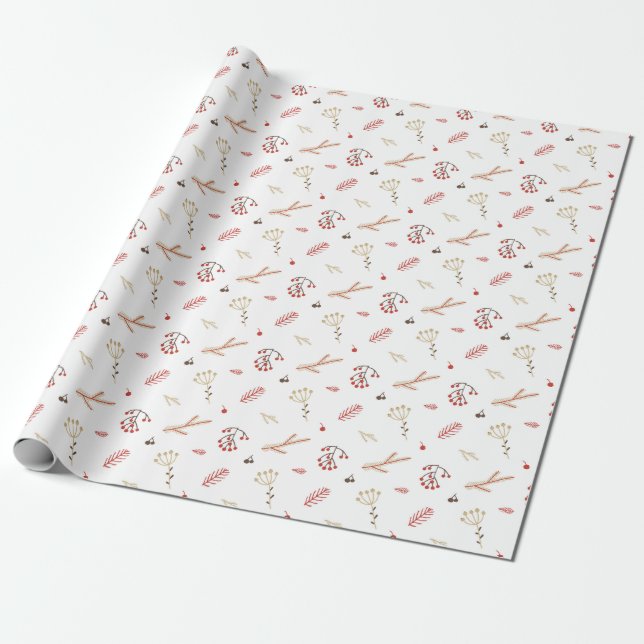 Beige Red Holly Berry Holiday Wrapping Paper (Unrolled)