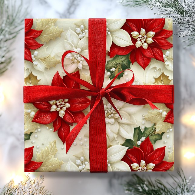 Beige & Red Poinsettia Flower Pearls Christmas Wrapping Paper (Beige & Red Poinsettia Flower Pearls Christmas Wrapping Paper)