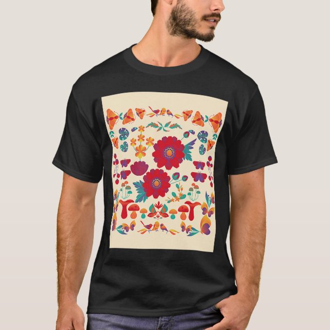 Beige Red Scandi Flower Ethnic Cute Autumn Fall Mi T-Shirt (Front)